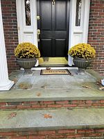 Two grey fluted pedestal urn planters with yellow chrysanthemum on front porch steps