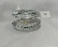 Crystal oyster shell with pearl inside from a slightly open angle showing the pearl and faceted edges.