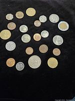 Top-down image showing 24 assorted foreign coins arranged on a black fabric background.