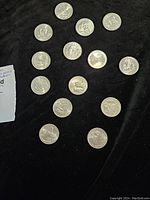 Fifteen U.S. quarters showing varied state and territorial designs arranged on black cloth for clear view of coin faces.