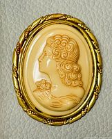 Front view of the oval-shaped cameo brooch with detailed carved profile of a woman. Shows gold-filled frame with rope and leaf accents.