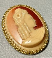 Close-up of the front side of the oval cameo brooch showing detailed carving and gold-filled border.