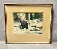 Full view of the framed watercolour painting showing birch trees and snowy ground with a traditional frame.