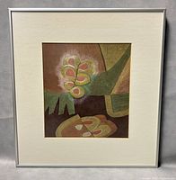 Framed pastel painting showing full composition with soft earth tones and abstract shapes