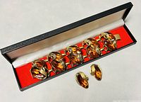 Full view of gold filled bracelet and matching clip-on earrings in a display case with red and black lining.