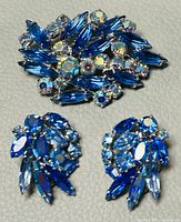 Full set of one brooch and two earrings on a neutral background showing overall detail and condition.
