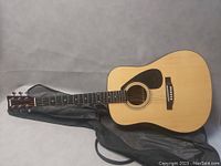 Full front view of guitar resting on closed gig bag