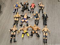Group photo of 13 vintage wrestling action figures arranged on floor, showing varying attire and conditions.
