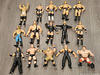Group of 17 vintage wrestling action figures arranged on a wooden surface showing different attire and condition.