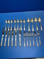 Overview of the entire flatware set on a blue surface showing 6 knives, 7 spoons, 12 forks in two sizes.