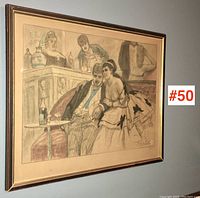 Image of framed antique print showing social scene with man and woman on a red bench, bar in background. Signature visible bottom right.