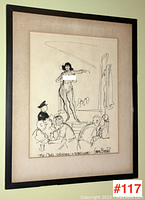 Frontal view of the framed sketch drawing with clear visibility of the stage scene and inscription.