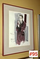Full view of framed costume sketch featuring David Schurmann as Sherlock Holmes with pipe and burgundy robe with black lapels.