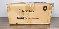 Photo of a distressed cardboard box containing a sealed Feandrea PCT59W cat tree. Box is taped closed and shows damage and wear.