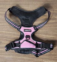 Front view of new Rabbitgoo large dog harness with pink and black padded mesh and adjustable straps with buckles and metal D-ring.