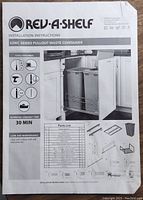 Installation instruction sheet for Rev-A-Shelf 53WC Series Pullout Waste Container, showing parts list and recommended tools.