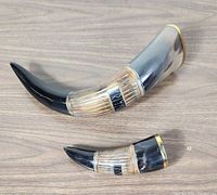Top down view of the two polished drinking horns, highlighting their natural horn coloration, metal bands, and ornate Viking style etched patterns.