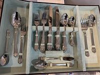 Cutlery set inside light blue fabric-lined storage tray showing full assortment and arrangement of forks, knives, spoons, and serving pieces.