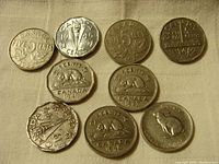Top view of 9 Canadian 5-cent coins laid out showing obverse and reverse designs with visible dates.