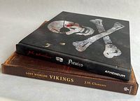 Side view of two hardcover books stacked: 'Pirates' book with black skull and crossbones cover on top, 'Lost Worlds Vikings' book with brown decorative cover at bottom.