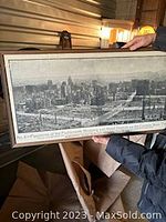 Vintage panoramic image of San Francisco in black and white with city skyline and labeled caption beneath, framed.