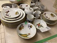 Overall view of dinnerware set arranged on countertop