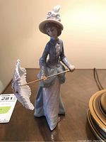 Front view of the Lladro figurine showing the woman with parasol and detailed bonnet hat with flowers.