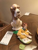 Photo showing both Royal Doulton and NAO figurines together, the dog behind the girl, tags with item details visible