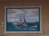 Full frontal photo of the framed painting showing the composition of sailboats on calm water with a cloudy sky and distant land.
