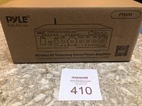 Box with Pyle PTAU45 branding and model number showing front panel illustration of amplifier controls and features.