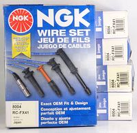 Front view of NGK wire set box showing model 8004 RC-FX41 and wire types included.