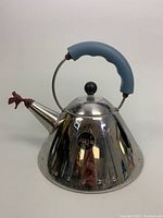 Front angled view of stainless steel kettle showing conical shape, blue curved handle, black lid knob and red bird whistle on spout