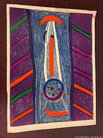 Full view of the lithograph showing the entire abstract modernist artwork with a colorful geometric design on paper with worn edges.