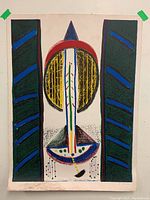 Full view of lithograph showing abstract geometric composition in green, blue, red, yellow, black on off-white