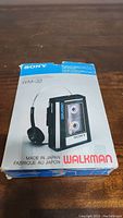 Original packaging box for Sony WM-32 Walkman, blue and white box made in Japan.