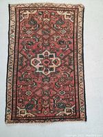 Front side of the hand knotted Persian wool rug showing traditional Hamedan design with reds and blues and clear borders.