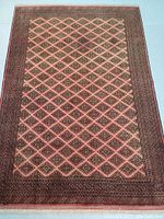 Full view of the rectangular hand knotted wool rug with diamond lattice and decorative border design, reddish tones.