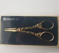 Photo of decorative grape scissors in original display box with black base and clear cover