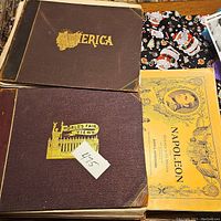 Three antique books stacked with titles visible: America, World's Fair Views, Napoleon Volume 8.