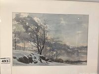 Full view of the framed original watercolour winter landscape painting by Don McCallum, showing snow-covered hill with leafless trees and signature.