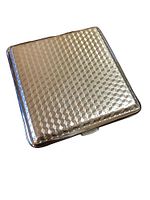 Closed chrome cigarette case showing textured geometric pattern on exterior.