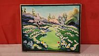 Full view of the colorful floral landscape oil painting by Klari Karpati featuring daffodils and trees.