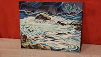 Front view of the oil painting showing foaming water and rocks with vivid colors.