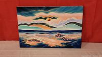 Full view of Klari Karpati oil painting showing vibrant mountain sunrise scene, colorful stylized landscape.