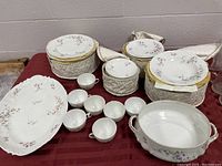 Full view of the lot showing all plates, cups, covered dishes, and serving bowls arranged on a table.
