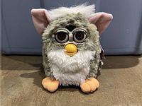 Front view showing face with eyes, ears, beak, and feet.