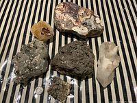 Six fossil and mineral specimens arranged on striped surface, including quartz and citrine pieces with different textures and colors