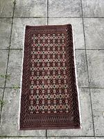 Full view of rectangular Turkmen backrest rug laid flat, showing detailed pattern and colors.