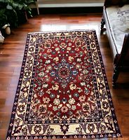 Full overhead view of the rug on hardwood floor
