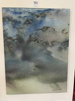 Full view of the original abstract landscape painting in blues, grays, and green tones on canvas with signature visible